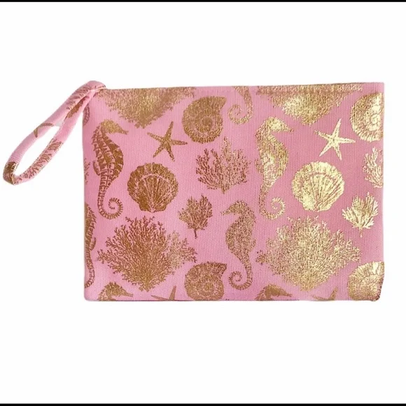 Pink and Gold Metallic Foil Print Sea Life Wristlet Clutch Zip Bag - Picture 6 of 12